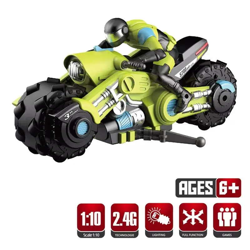 Juguetes de motocicleta eléctrica para niños, coche de control remoto, rotación de deriva, acrobacias 3D, 1: 10