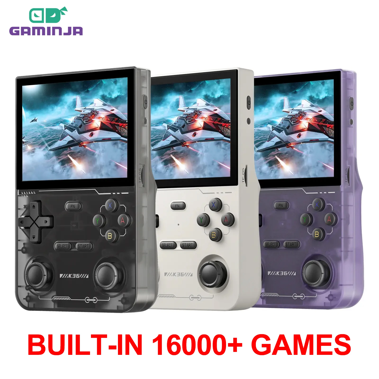 Consola de juegos portátil GAMINJA K36 con pantalla IPS de 3,5 pulgadas, memoria de 64GB, juegos clásicos, consola de juegos portátil de código abierto