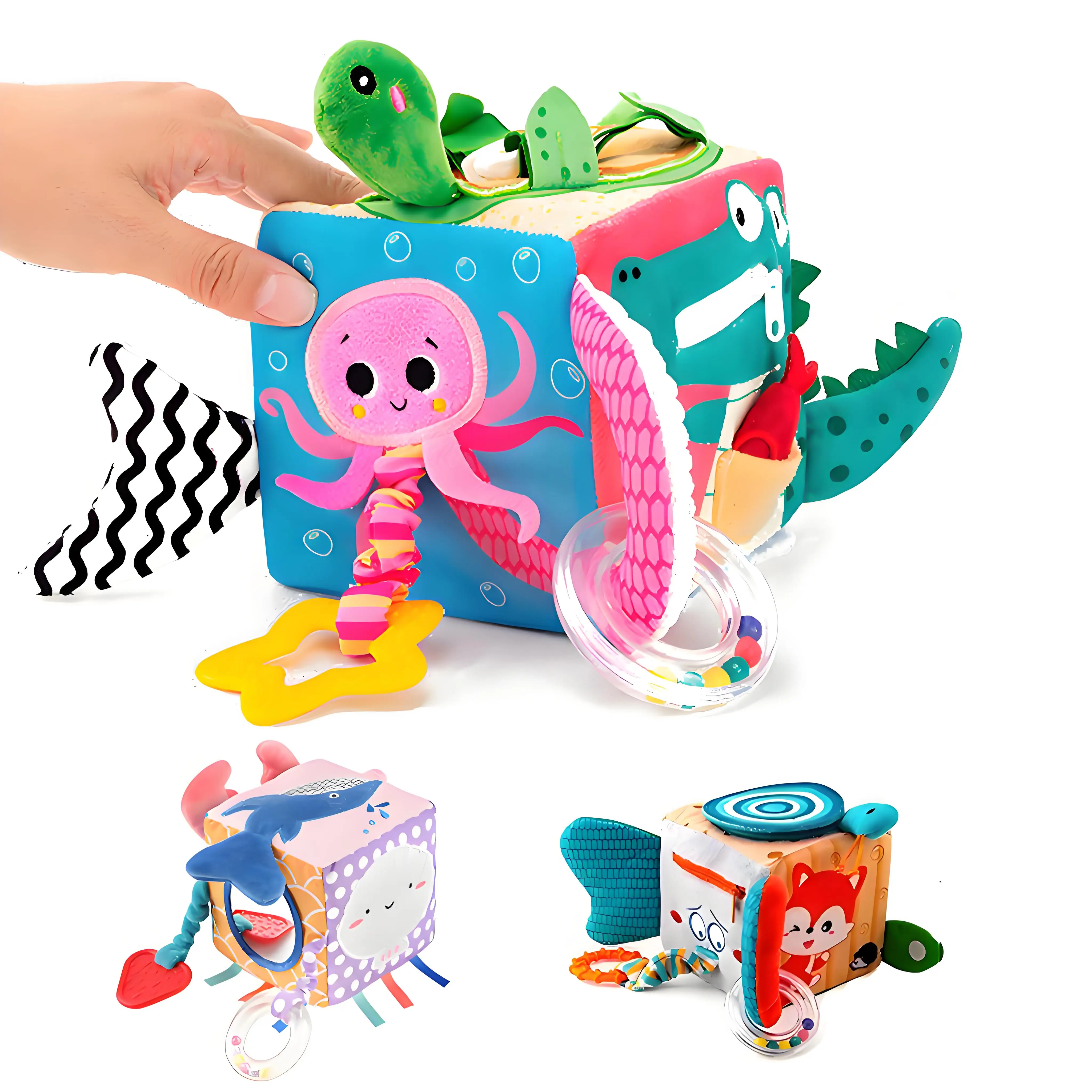 Cubo de tela suave educativo para edades tempranas, bloque de tela sensorial para actividades de tela para bebés de 0 a 12 meses, sonajeros móviles, juguetes musicales