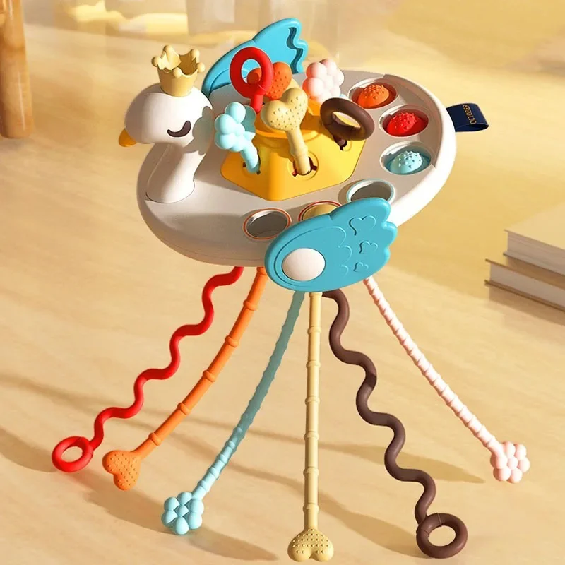 5 en 1 Montessori Pull String juguetes de desarrollo para bebés lindo elefante juguetes de dentición de silicona para bebés juguetes sensoriales 1 2 3 años